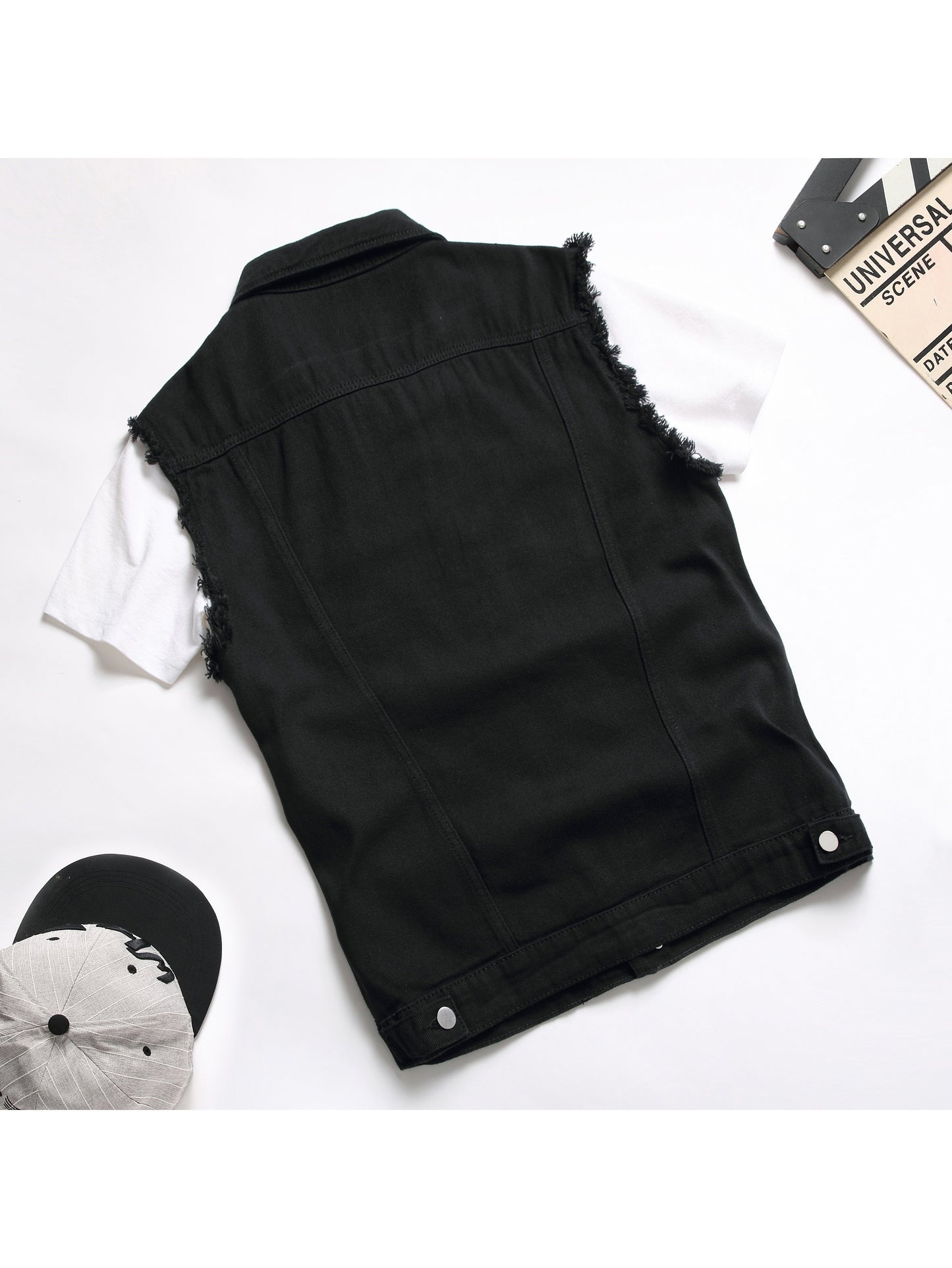 "Bad Boy Summer" Frayed Black Denim Vest - back view