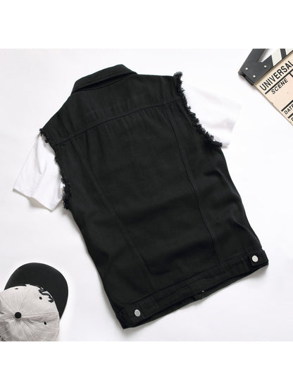 "Bad Boy Summer" Frayed Black Denim Vest - back view