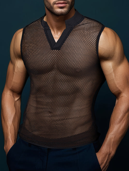 Men’s V-Neck Mesh Tease Tank – Bold Sleeveless Top for Parties, Play, and Steamy Summer Vibes