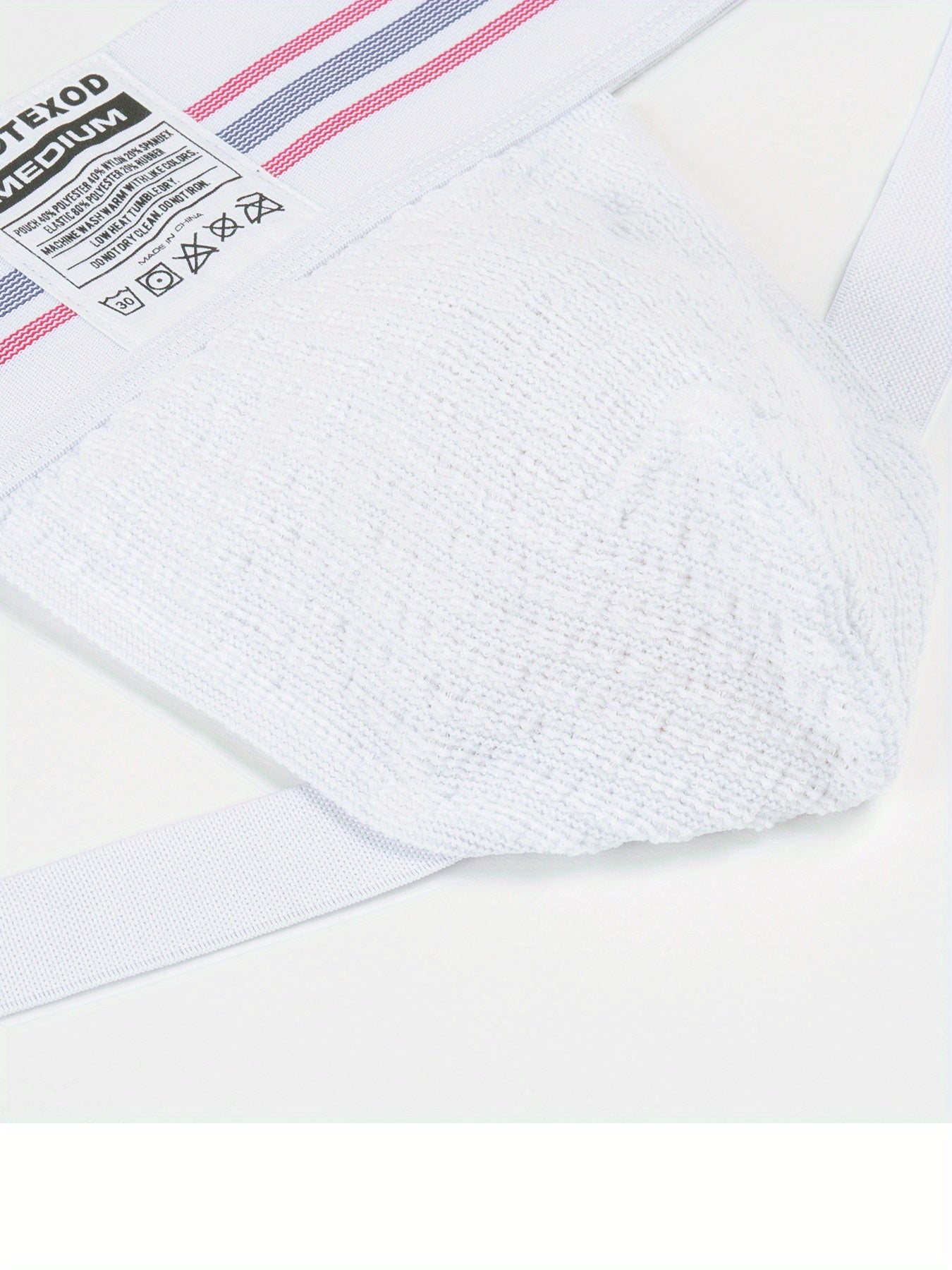 SportLift Jock – Men's Summer Mesh Thong | Breathable Athletic Fit, White with Pink & Blue Striped Waistband no