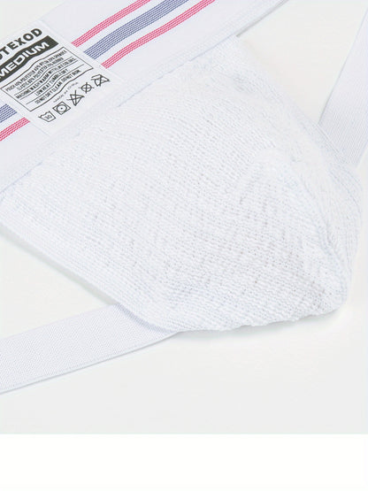 SportLift Jock – Men's Summer Mesh Thong | Breathable Athletic Fit, White with Pink & Blue Striped Waistband no