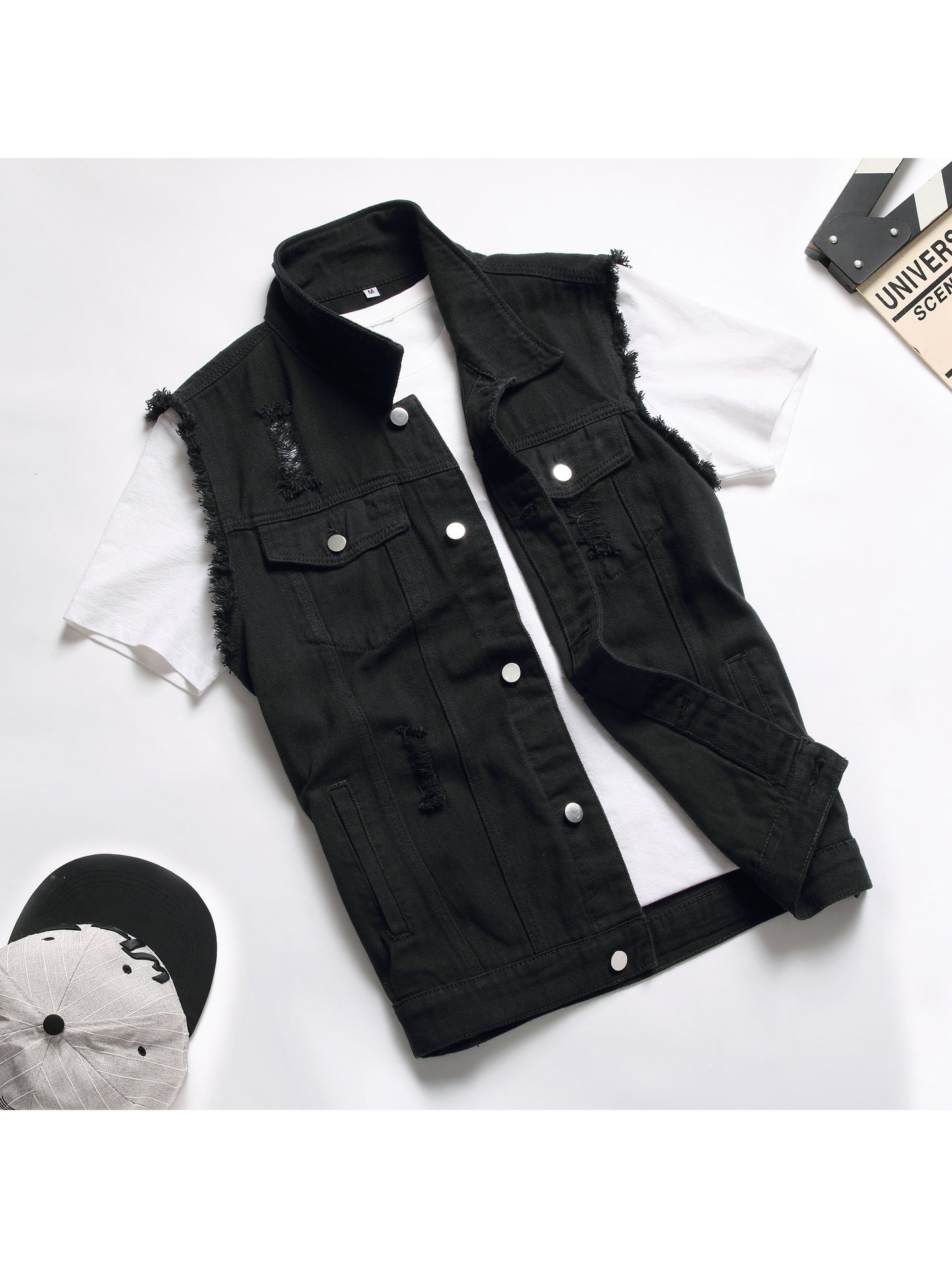 "Bad Boy Summer" Frayed Black Denim Vest - front view