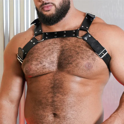 Heavy-Duty Leather Chest Harness  Adjustable Fetish Strap Gear for Gay Men - front view