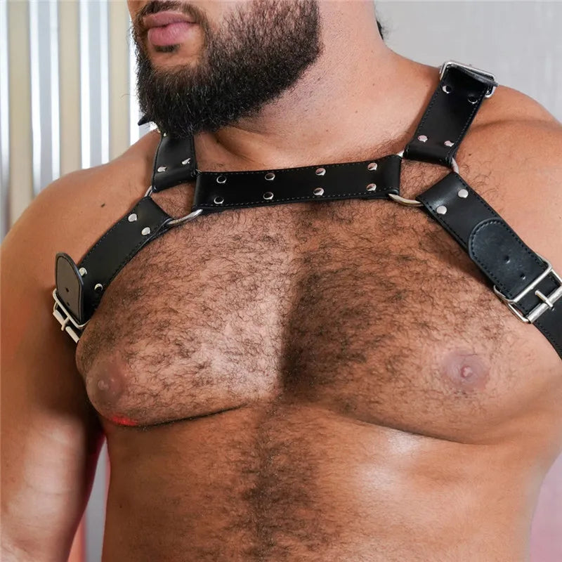 Heavy-Duty Leather Chest Harness  Adjustable Fetish Strap Gear for Gay Men - back view