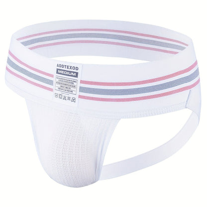 SportLift Jock – Men's Summer Mesh Thong | Breathable Athletic Fit, White with Pink & Blue Striped Waistband no