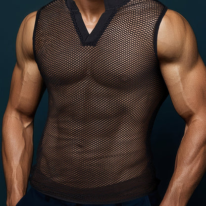 Men’s V-Neck Mesh Tease Tank – Bold Sleeveless Top for Parties, Play, and Steamy Summer Vibes