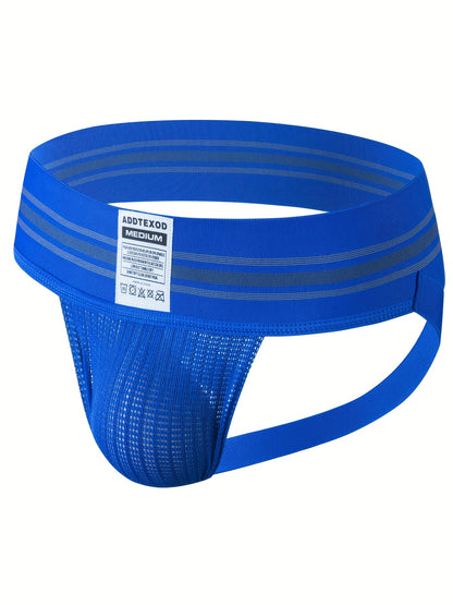 SportLift Jock – Men's Summer Mesh Thong | Breathable Athletic Fit, Blue with Grey Striped Waistband