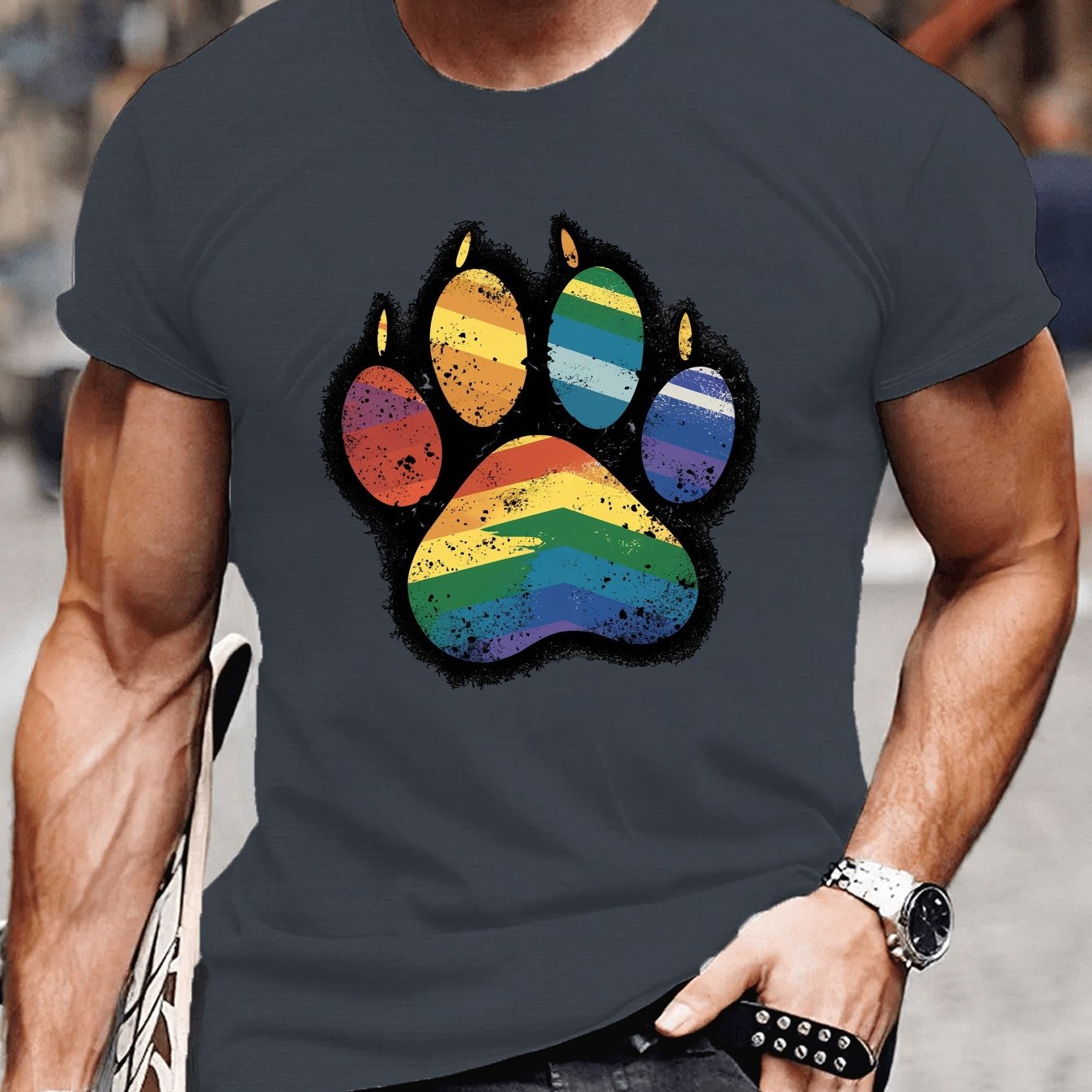 Pride Paw Power  Mens Rainbow T-Shirt, Soft Polyester Summer Tee - detail view