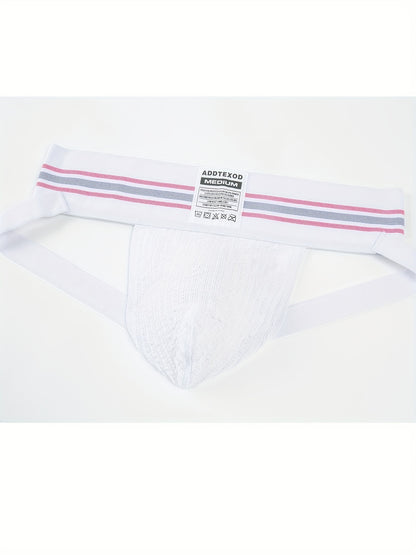 SportLift Jock – Men's Summer Mesh Thong | Breathable Athletic Fit, White with Pink & Blue Striped Waistband no